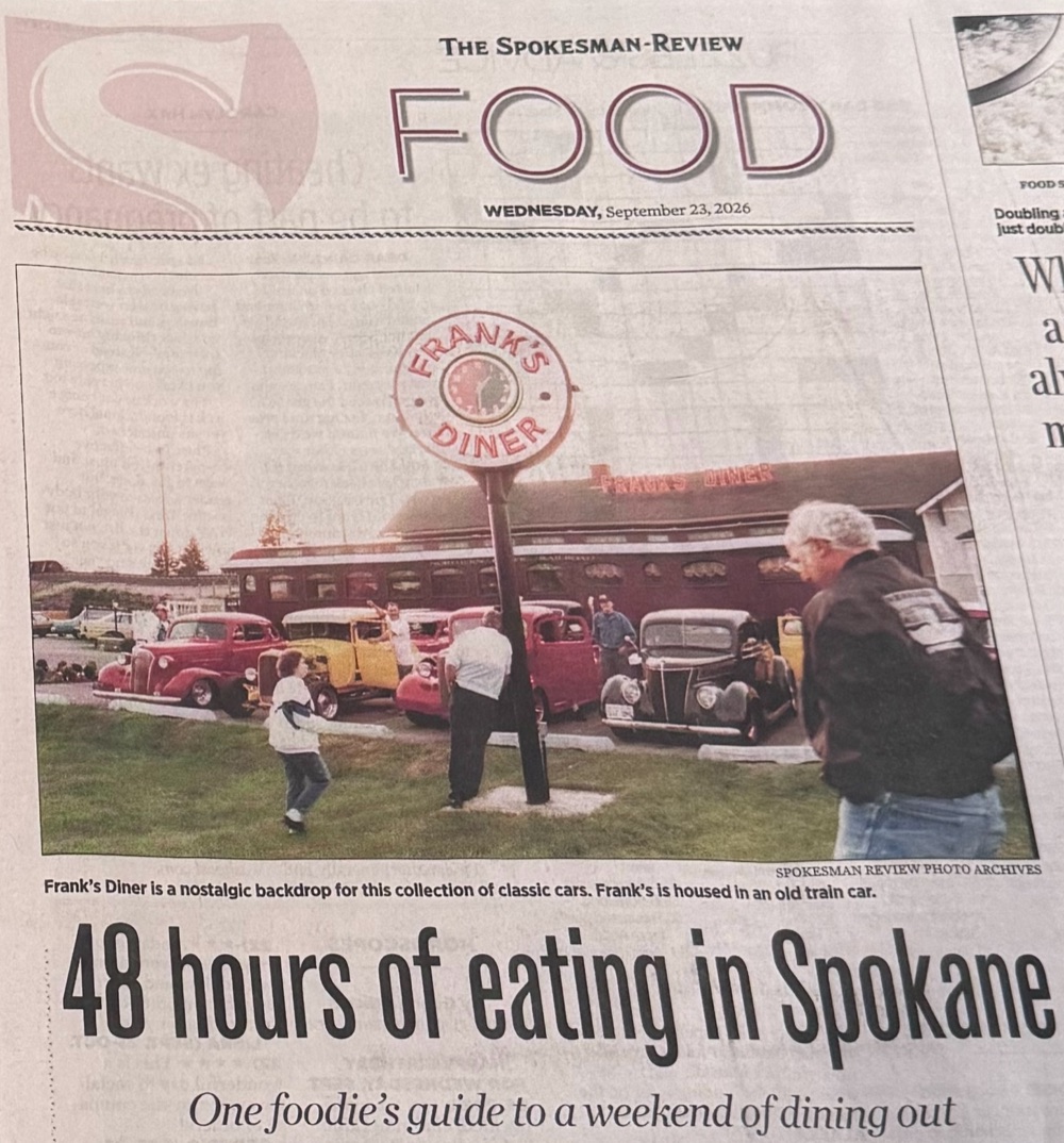 The front of The Spokesman-Review Food section for Wednesday, September 23, 2026: a large photo of Frank&rsquo;s Diner above the headline &ldquo;48 hours of eating in Spokane,&rdquo; subheaded &ldquo;One foodie&rsquo;s guide to a weekend of dining out.&rdquo;