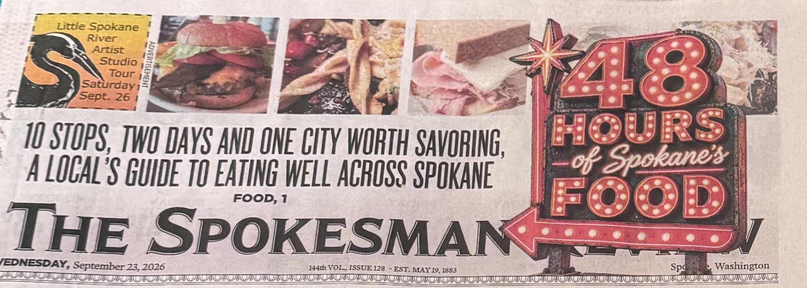 The top of the front page of The Spokesman-Review for Wednesday, September 23, 2026. A banner of food photos and a lit marquee sign reading &ldquo;48 Hours of Spokane&rsquo;s Food&rdquo; runs across the nameplate, with the line &ldquo;10 stops, two days and one city worth savoring, a local&rsquo;s guide to eating well across Spokane. Food, 1.&rdquo;